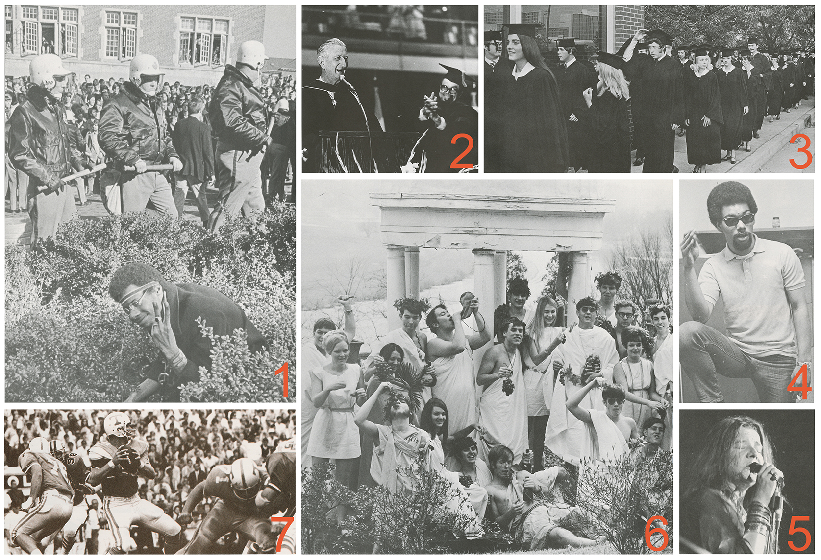 From the 1970 Volunteer yearbook: (1) Campus was roiled by protests. (2) It was Andy Holt’s last year as president of the university. (3) Commencement procession. (4) Jimmie Baxter was UT’s first Black student body president. (4) Janis Joplin performed the Homecoming concert. (5) Fraternity life. (6) It’s football time in Tennessee!