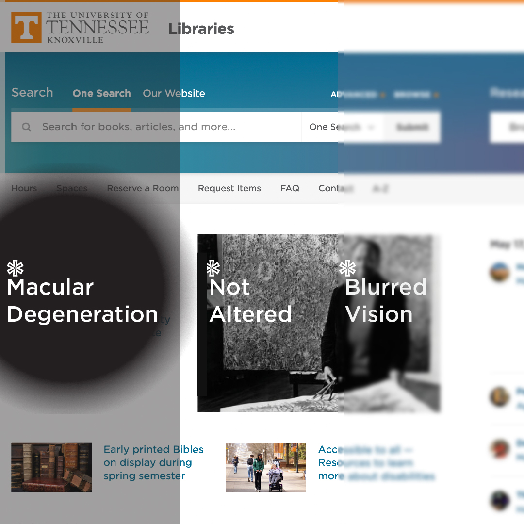 Screen capture showing how the Libraries’ homepage appears to someone with macular degeneration and other visual impairments