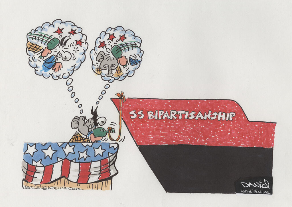 Charlie Daniel cartoon. An elephant and a donkey prepare to christen and launch the SS Bipartisanship. In their "thought balloons," each envisions smashing the bottle over his opponent's head instead.