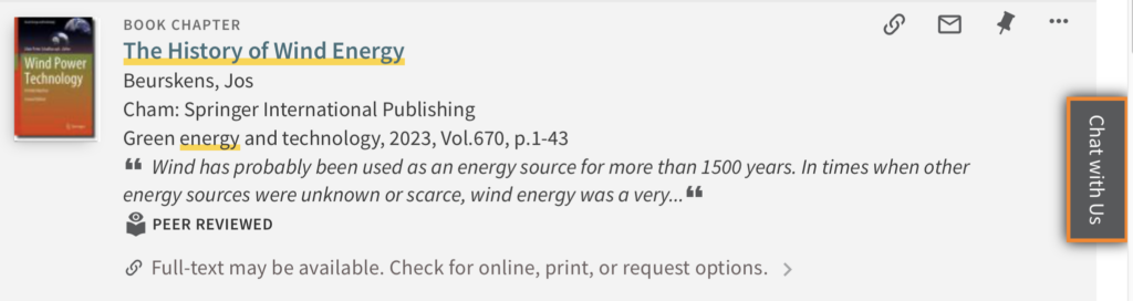 Example of OneSearch search results for a book chapter, showing link to info on availability: “Full-text may be available. Check for online, print, or request options.”