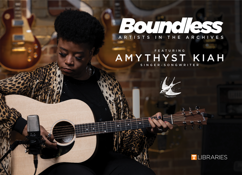 Singer-songwriter Amythyst Kiah strums her guitar.