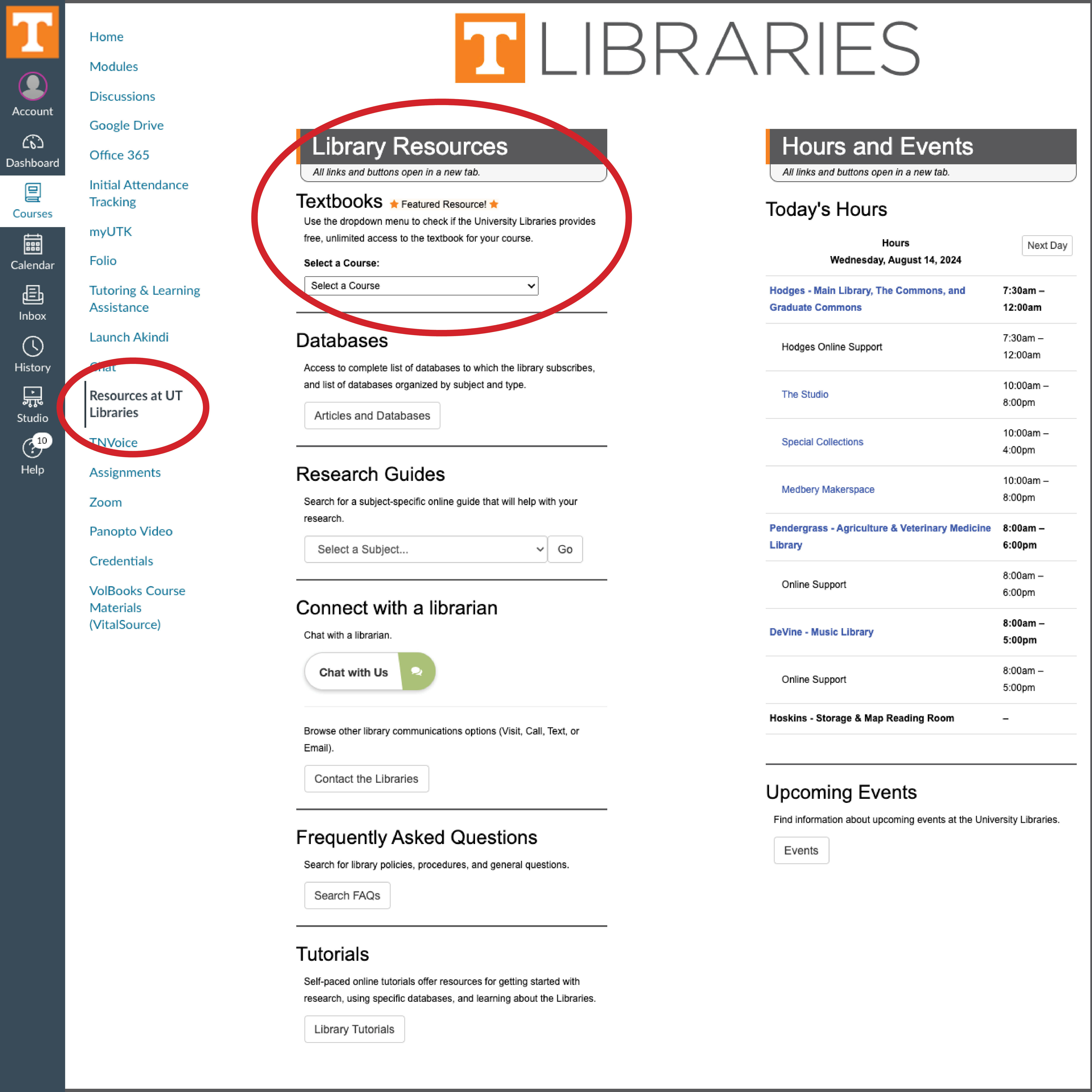 "Library Resources" page in Canvas learning management platform