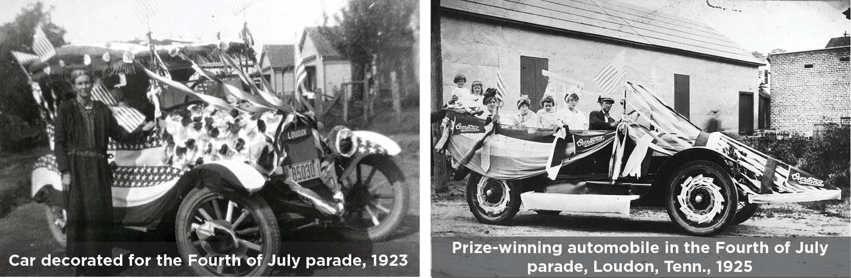 Fourth of July parades, 1923 and 1925, featuring decked-out automobiles