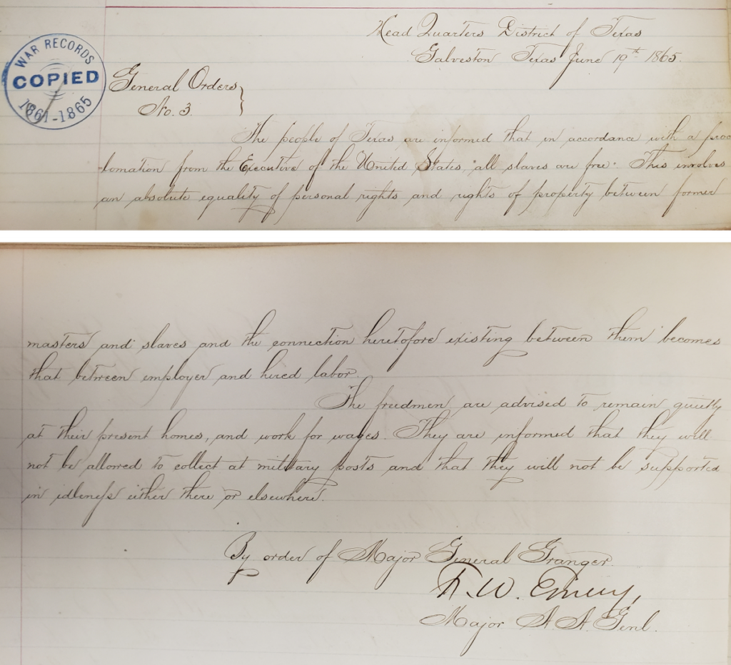 Holographic text of General Order No. 3, 1865, enforcing the Emancipation Proclamation