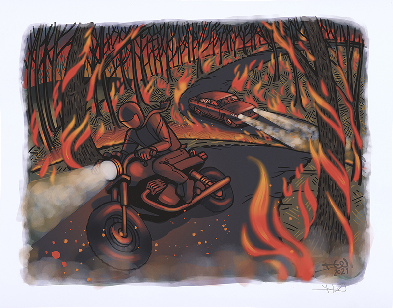 Illustration by Danny Wilson (Motocyclist leads the way out of the wildfires.)