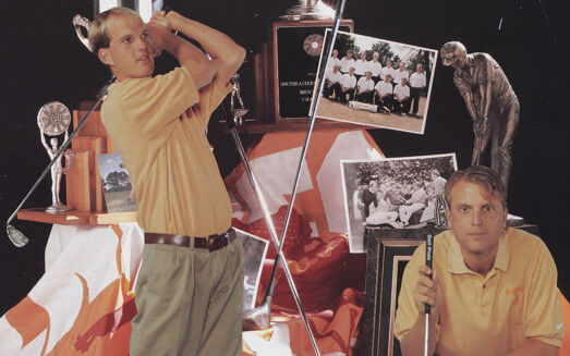 Members of the men's golf team pose with trophies
