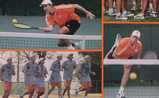 collage of shots from tennis matches and team warm-up