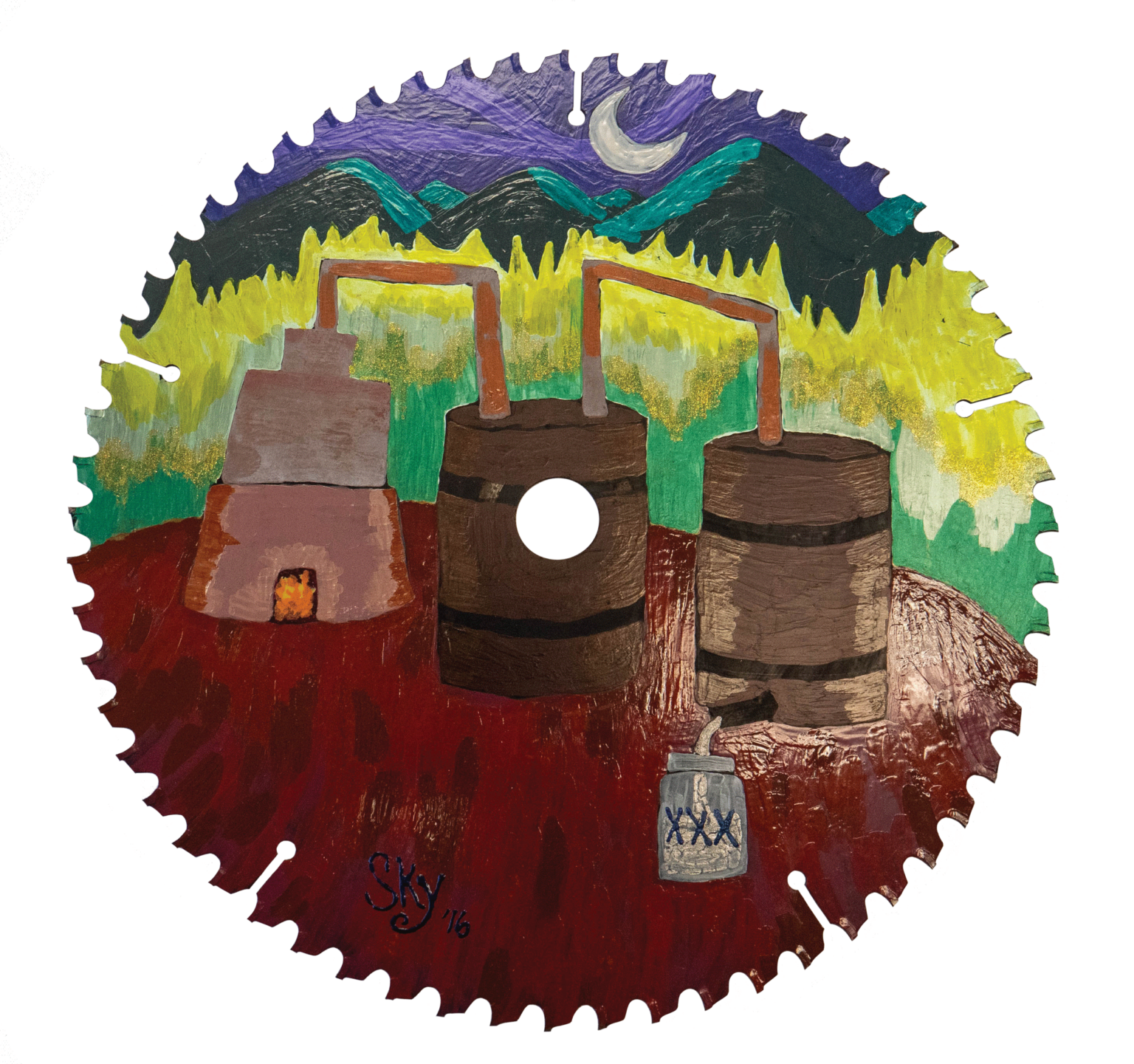 moonshine still painted onto a saw blade