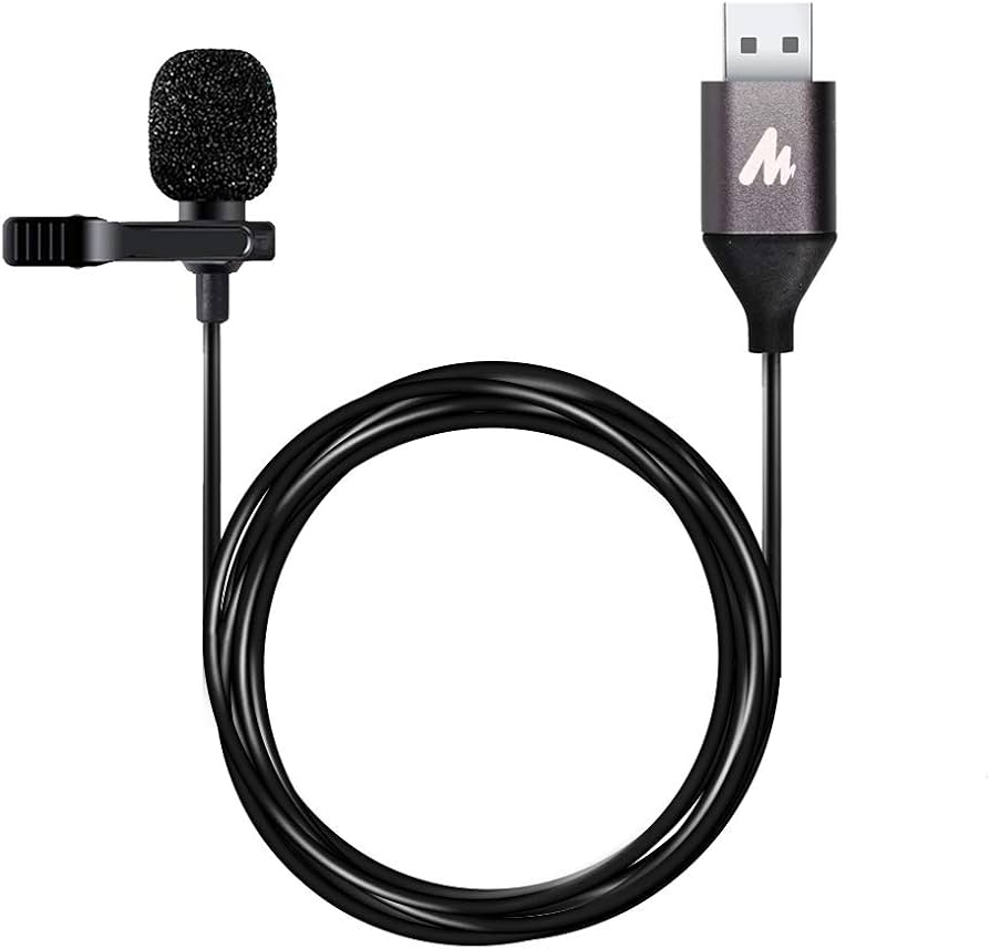 A tiny microphone with a clip and USB connector cable.