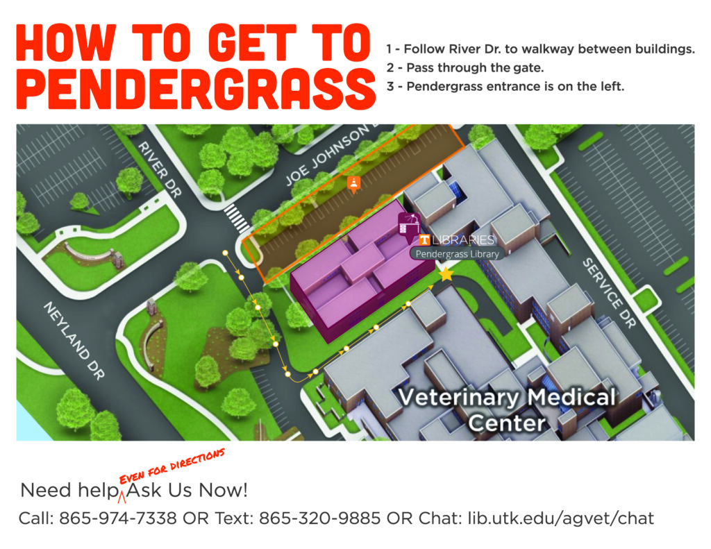 map shows temporary entrance to Pendergrass Library 