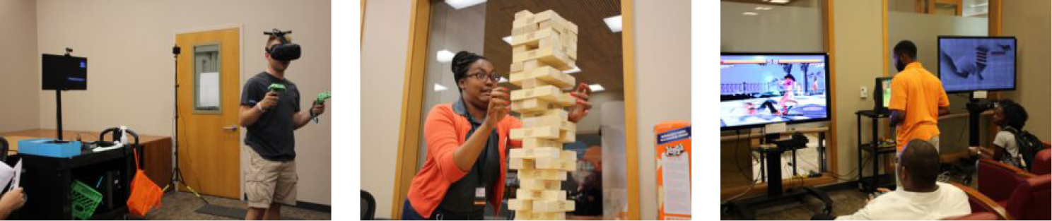 gamers at video screen and using VR headset