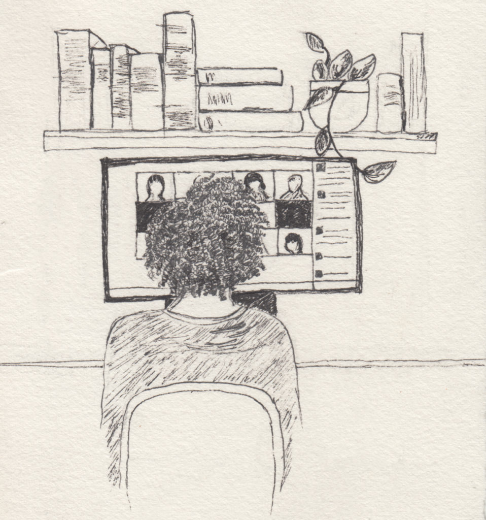 Drawing: student sitting in front of computer