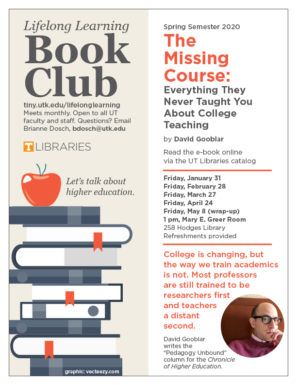 poster lists dates for book discussion: "The Missing Course: Everything They Never Taught You About College Teaching"