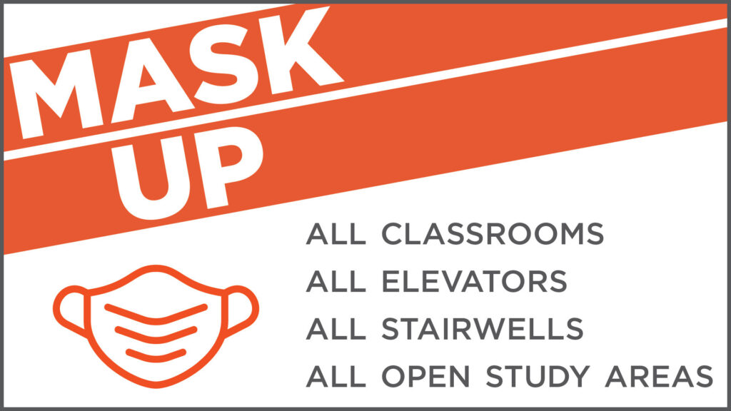 MASK UP: All Classrooms; All Elevators; All Stairwells; All Open Study Areas