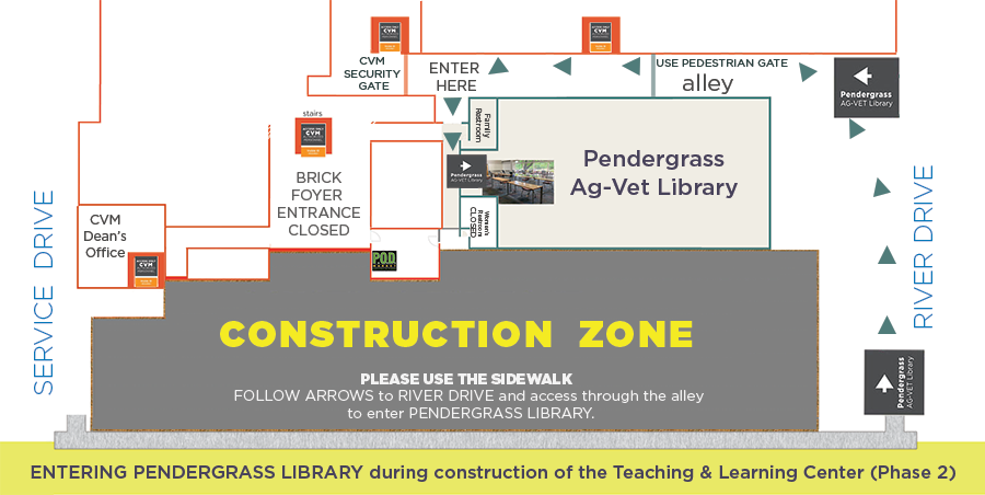 map shows temporary entrance to Pendergrass Library 