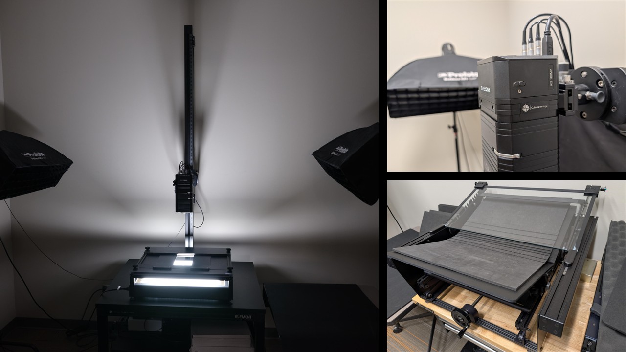 On the left is the DT element copystand with film scanning kit, on the top right is the Phase One iXG 100MP camera; and on the bottom right is the DT book cradle