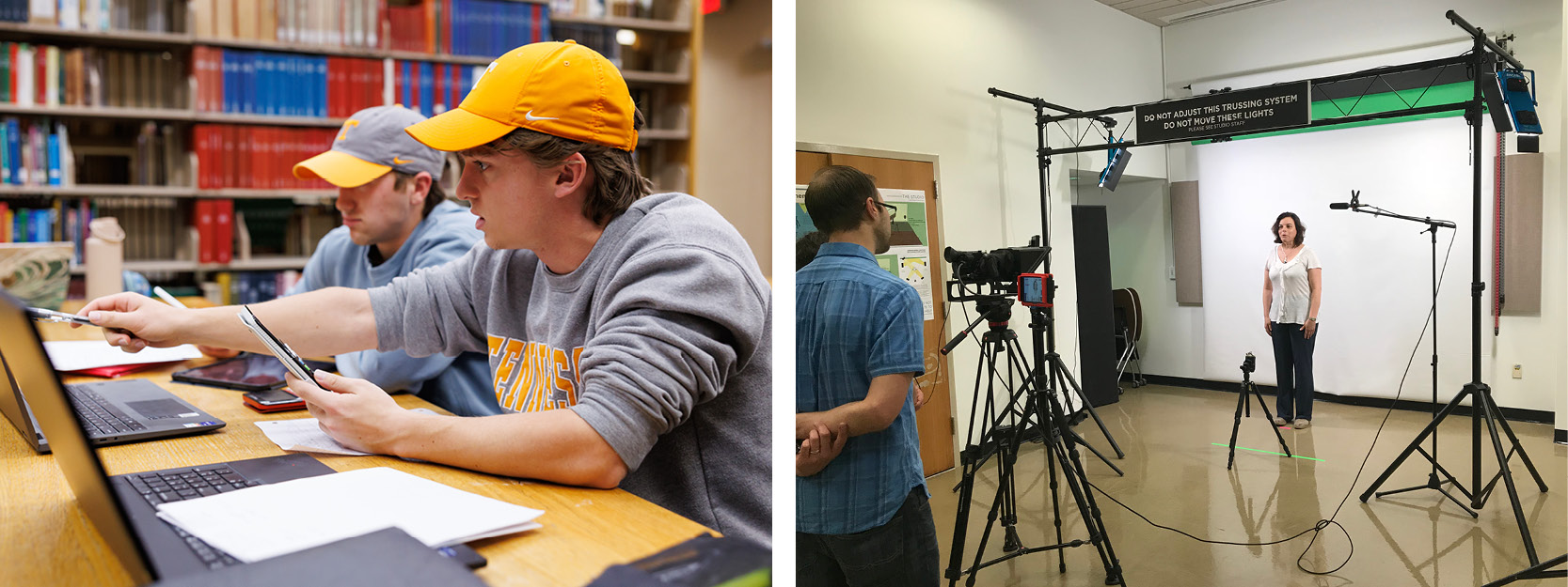 (1) students using laptops; (2) students using the Video Room in The Studio
