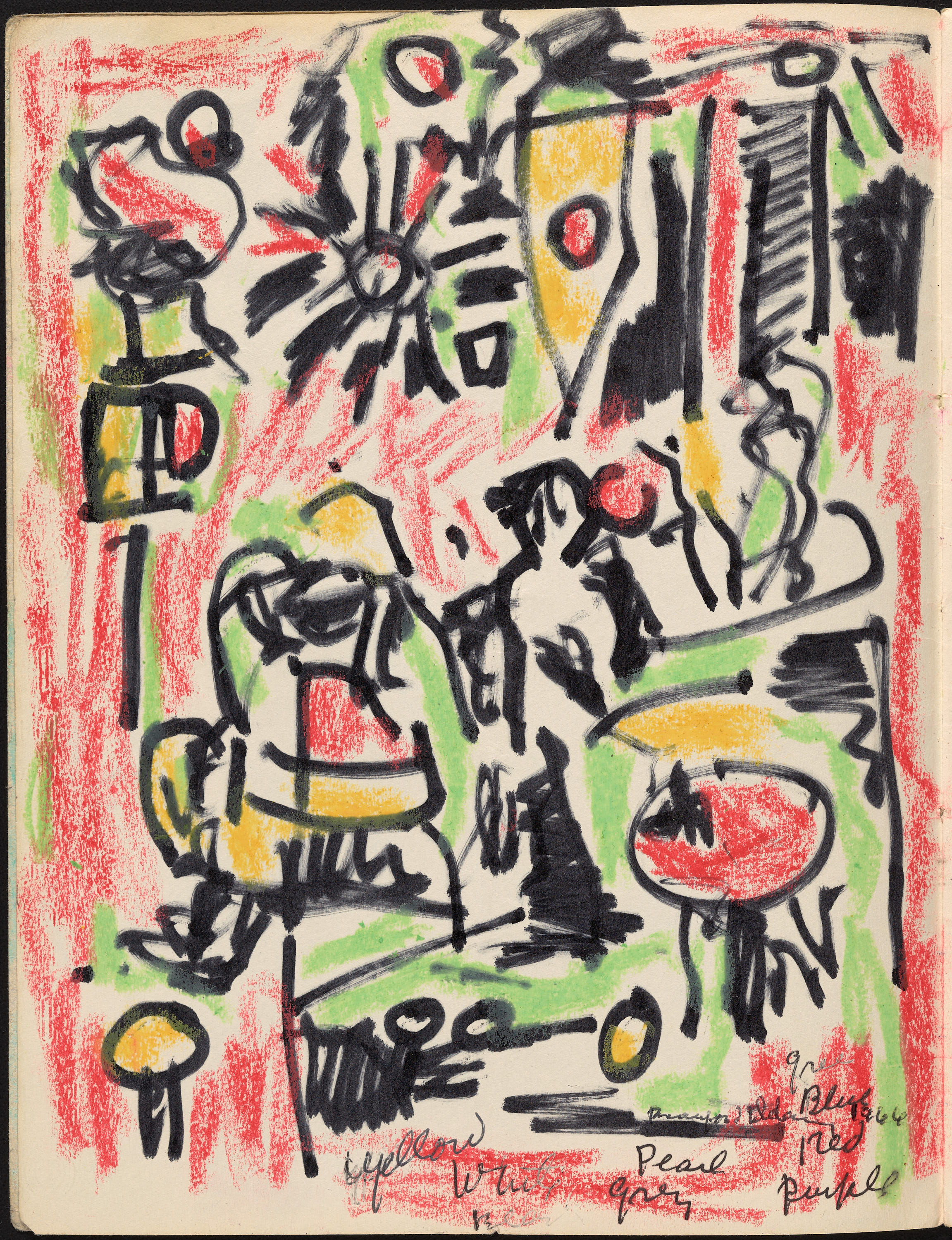 Page from one of Beauford Delaney’s sketchbooks. Colorful, rough sketch might be a cafe scene or a street scene.