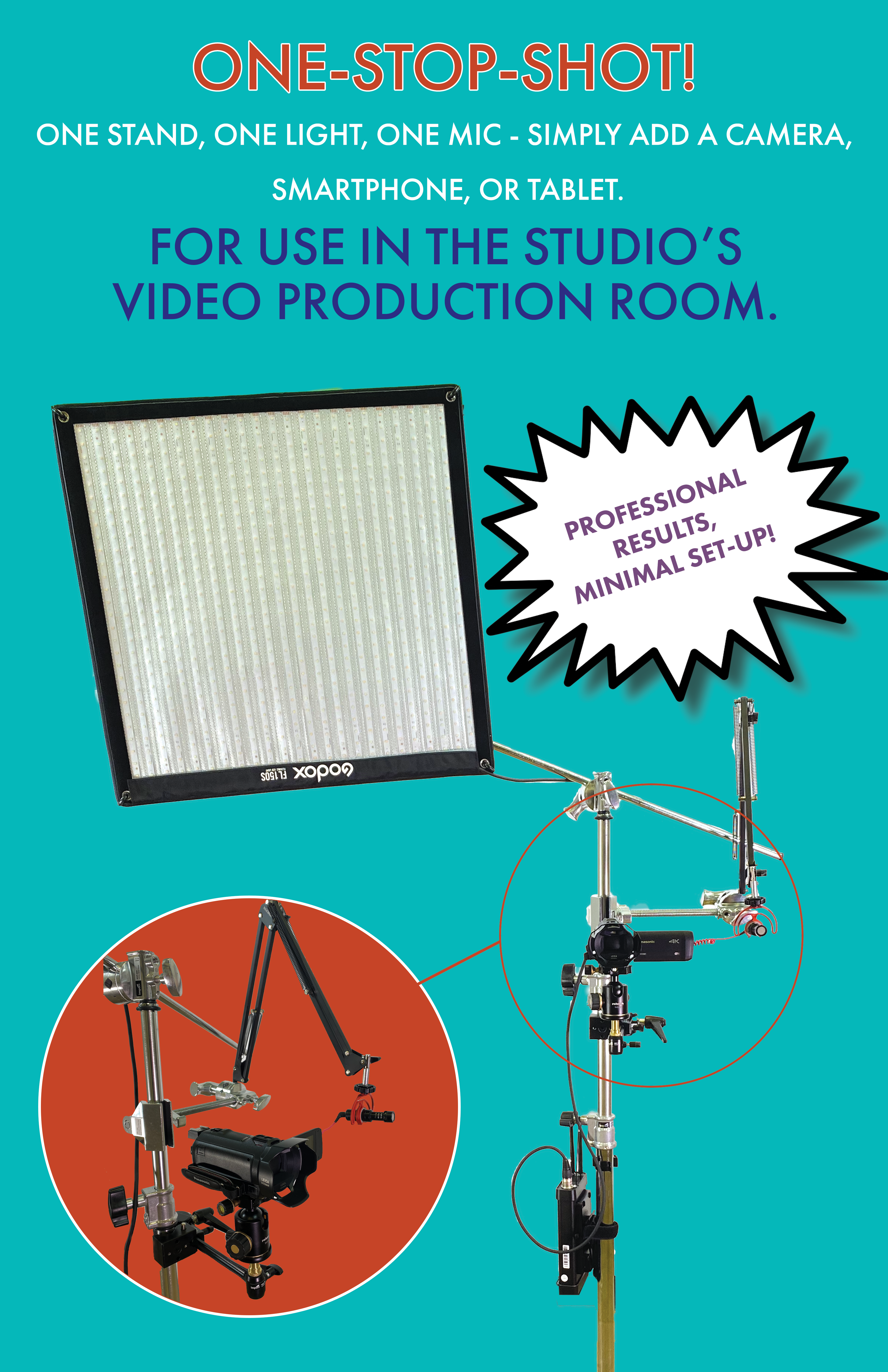 photo of one-stop shot stand to hold camera, lights, and mic