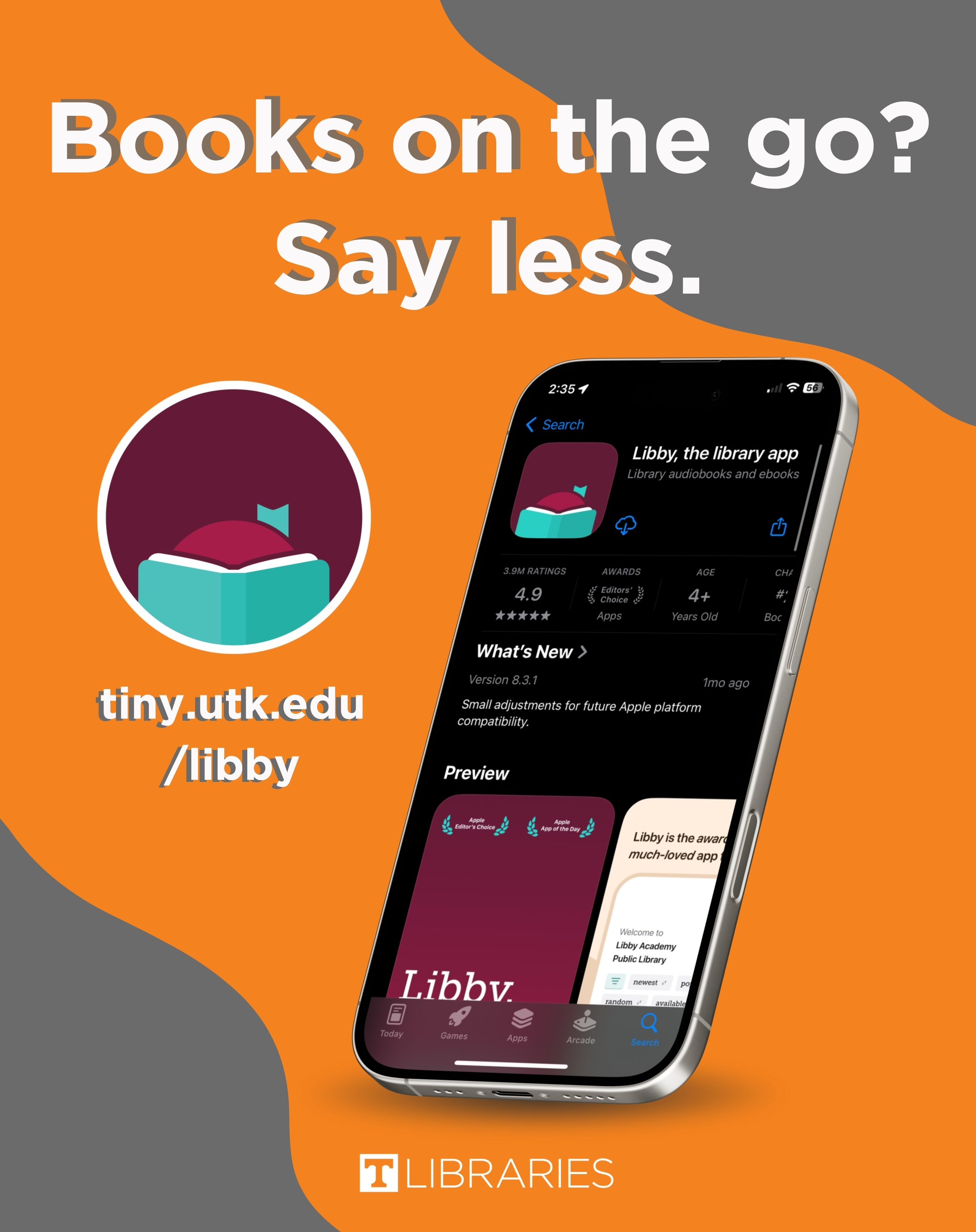 "Books on the go? Say less." Illustrated with Libby logo and a smartphone displaying the Libby app page in the App Store.