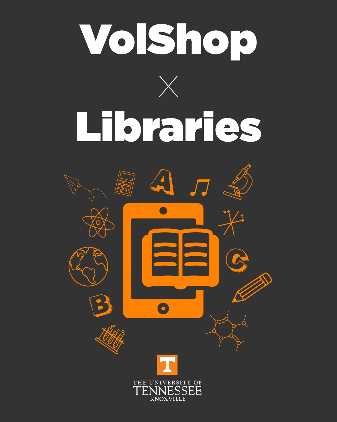 "VolShop x Libraries" illustrated by an open book overlaying a smartphone