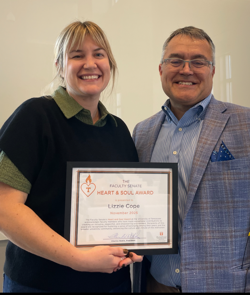 Assistant professor and Assessment Projects Librarian Lizzie Cope (left) and Faculty Senate president Charles Noble (right)