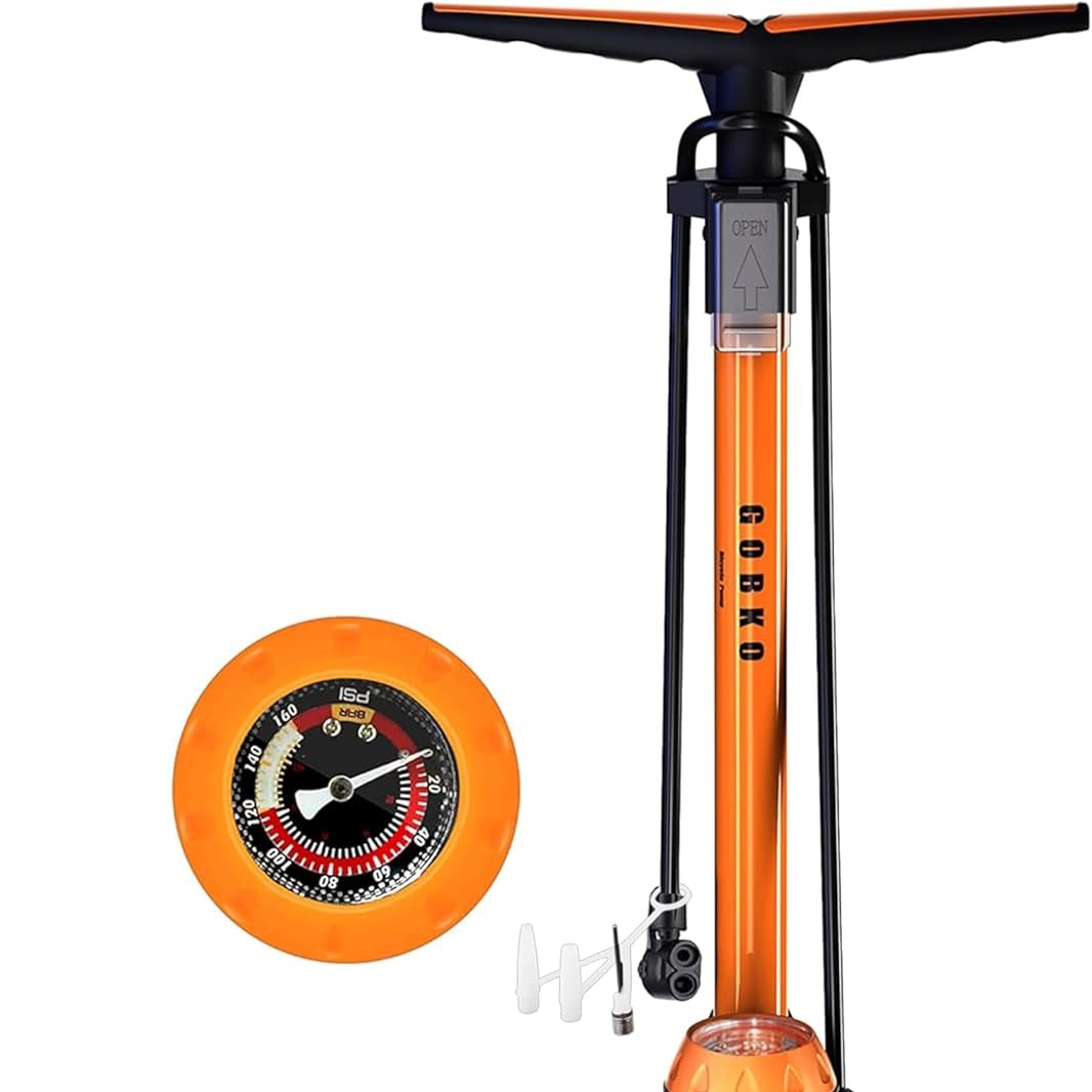 Image of orange bike pump with gauge and valves