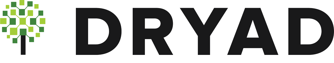 A small abstract light and dark green tree with the word DRYAD