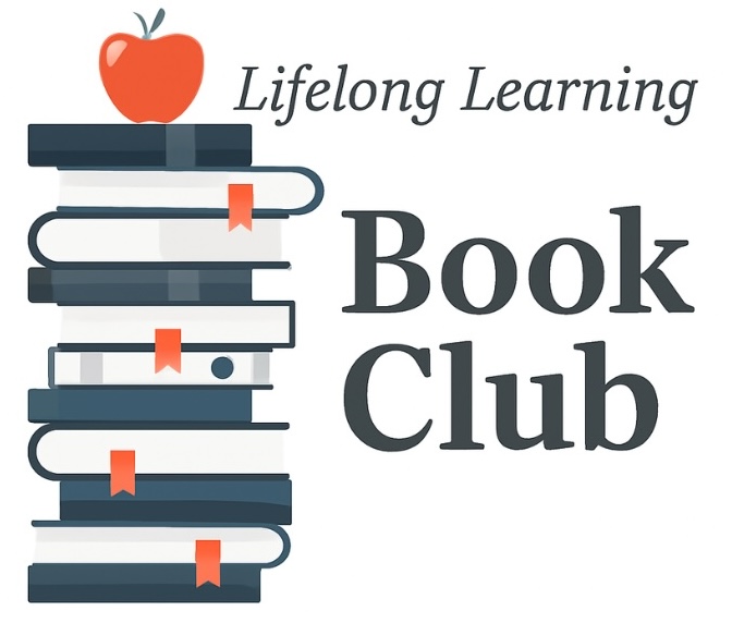 Stack of books with apple on top with words Lifelong Learning Book Club