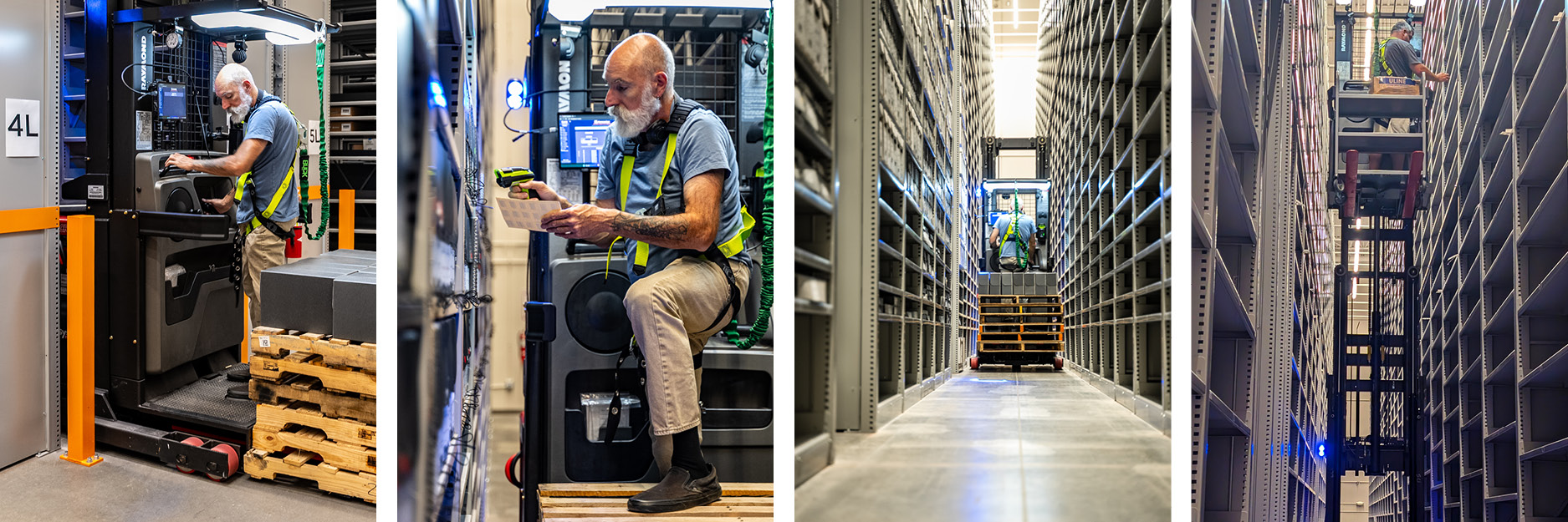 images of staff using the order-picker at the Library Storage Annex