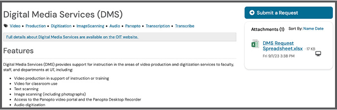 screen capture of Digital Media Services webpage