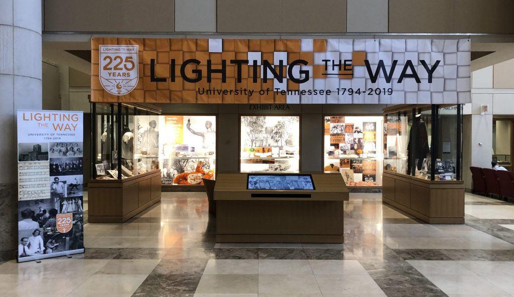 Exhibit featuring banner for 225th anniversary of UT