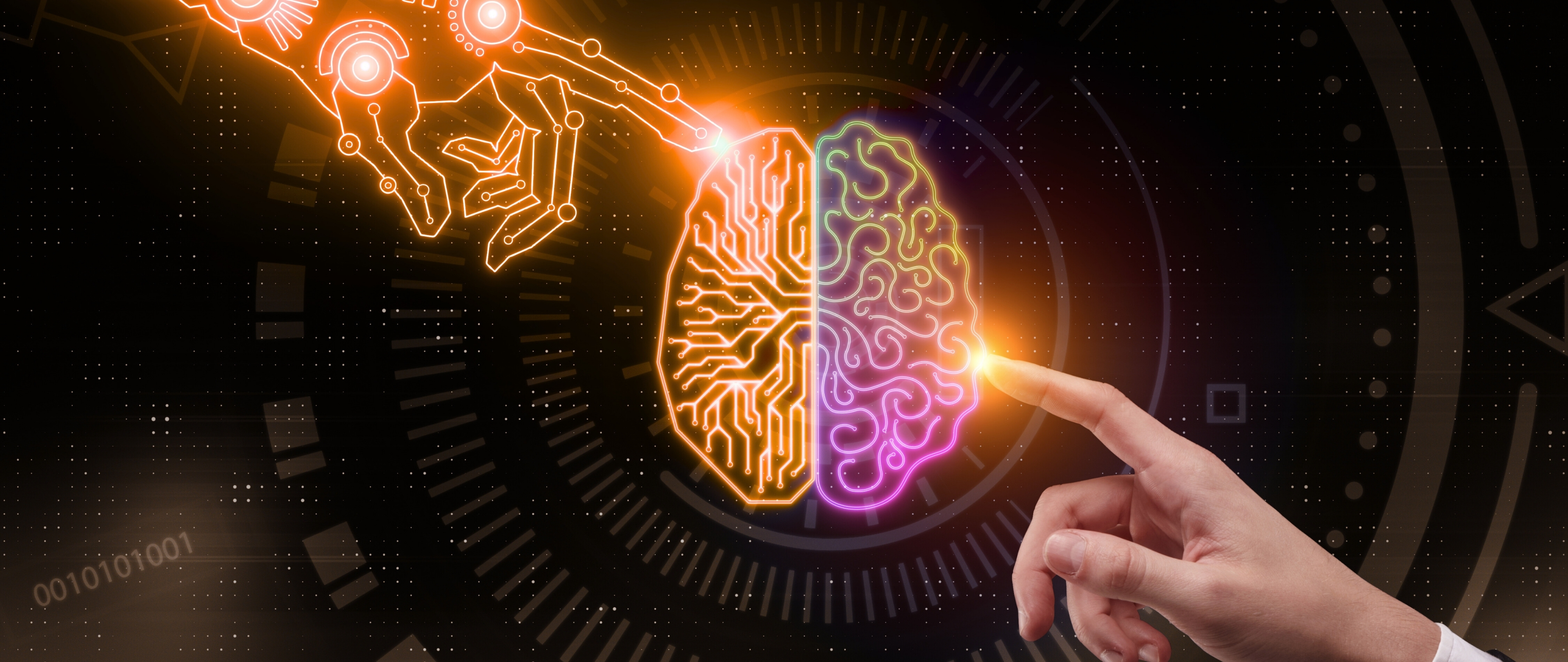 A human and a robot reach out to touch and illuminate the lobes of a brain.