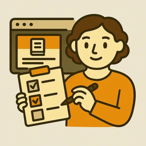 Illustration of a person filling out a survey, with a web browser window as the background