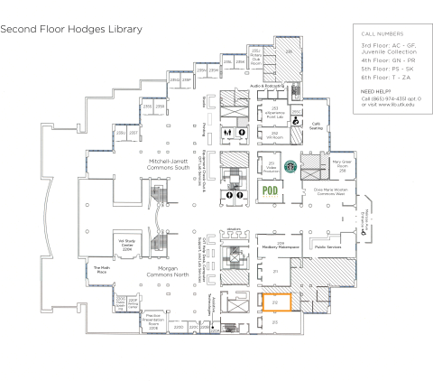 map of Hodges Library 2nd floor highlighting classroom 212