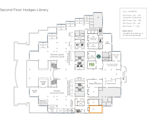 map of Hodges Library 2nd floor highlighting classroom 213