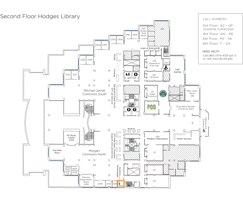 map of Hodges Library 2nd floor highlighting room 220A