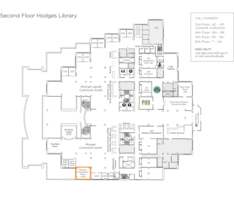 map of Hodges Library 2nd floor highlighting the location of room 220E