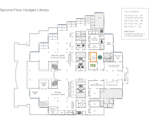 map of Hodges Library 2nd floor highlighting the location of the media production studio