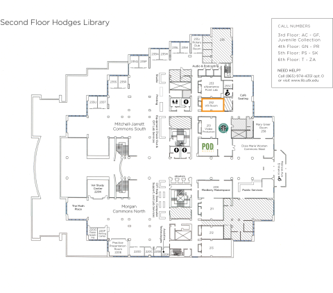 map of Hodges Library 2nd floor highlighting the location of the virtual reality room