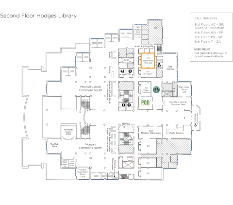 map of Hodges Library 2nd floor highlighting classroom 253