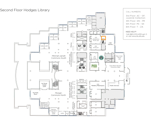 map of Hodges Library 2nd floor highlighting the location of study room 255C