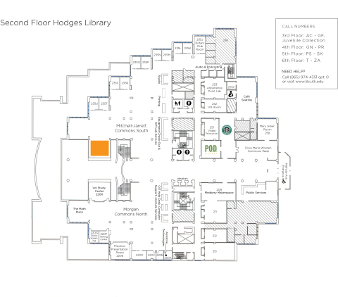 map of Hodges Library 2nd floor highlighting the active learning area