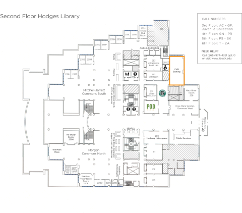 map of Hodges Library 2nd floor highlighting the cafe area