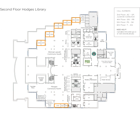 map of Hodges Library 2nd floor highlighting study rooms in the Commons North and South