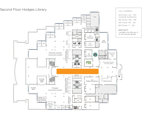 map of Hodges Library 2nd floor highlighting the Galleria