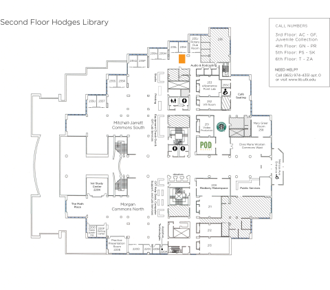 map of Hodges Library 2nd floor highlighting the location of GIS workstations