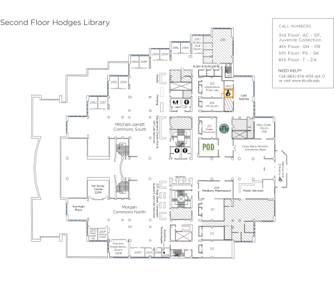 map of Hodges Library 2nd floor highlighting the location of the lactation room