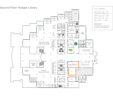 map of Hodges Library 2nd floor highlighting the location of the makerspace