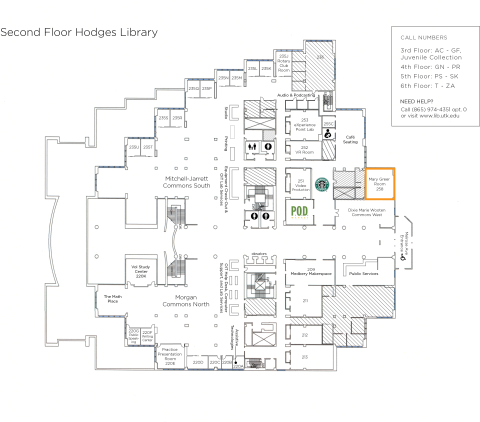 map of Hodges Library 2nd floor highlighting the location of the Mary Greer room